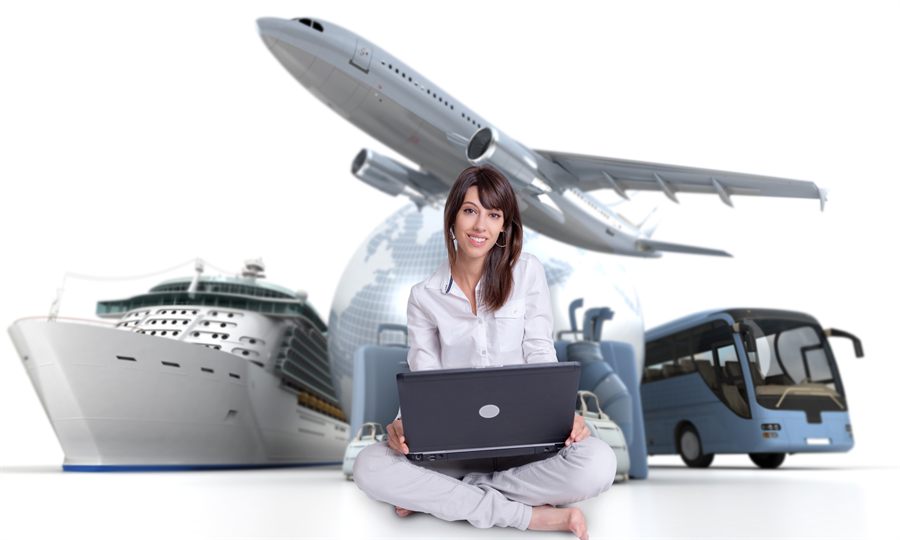 Woman with a laptop in front of a cruise ship, plane and coach